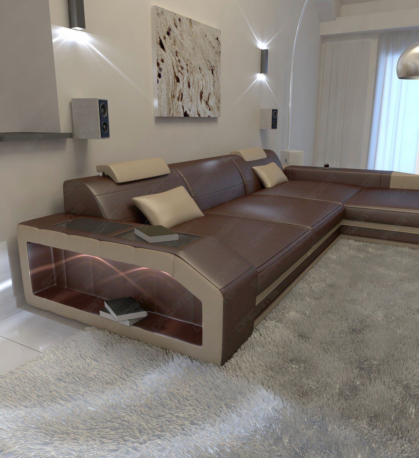 Mini Ledersofa Prato in der L Form in dunkelbraun sandbeige