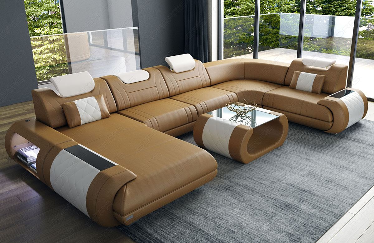 Wohnlandschaft Rimini Leder sandbeige - weiß
