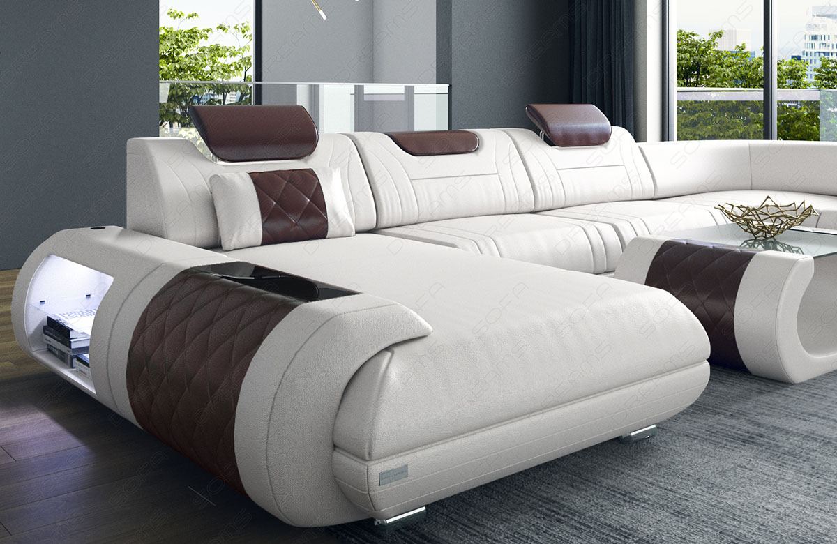 Wohnlandschaft Rimini Leder weiss - dunkelbraun