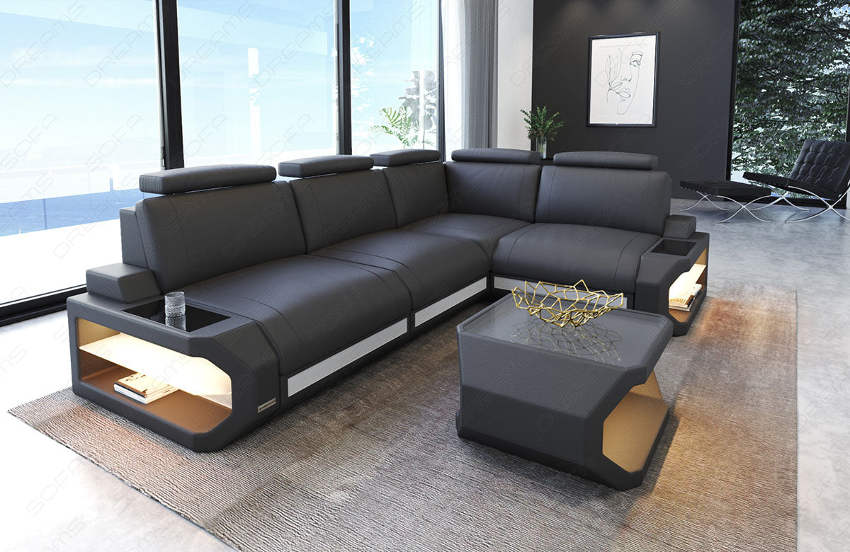 Modernes Leder Ecksofa Siena L Form in grau-weiß