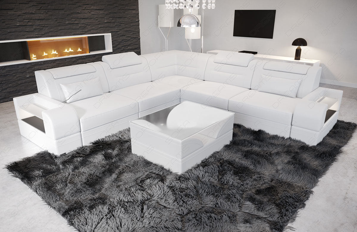 Luxus Leder Sofa Trivento L Form in weiß mit LED-Beleuchtung