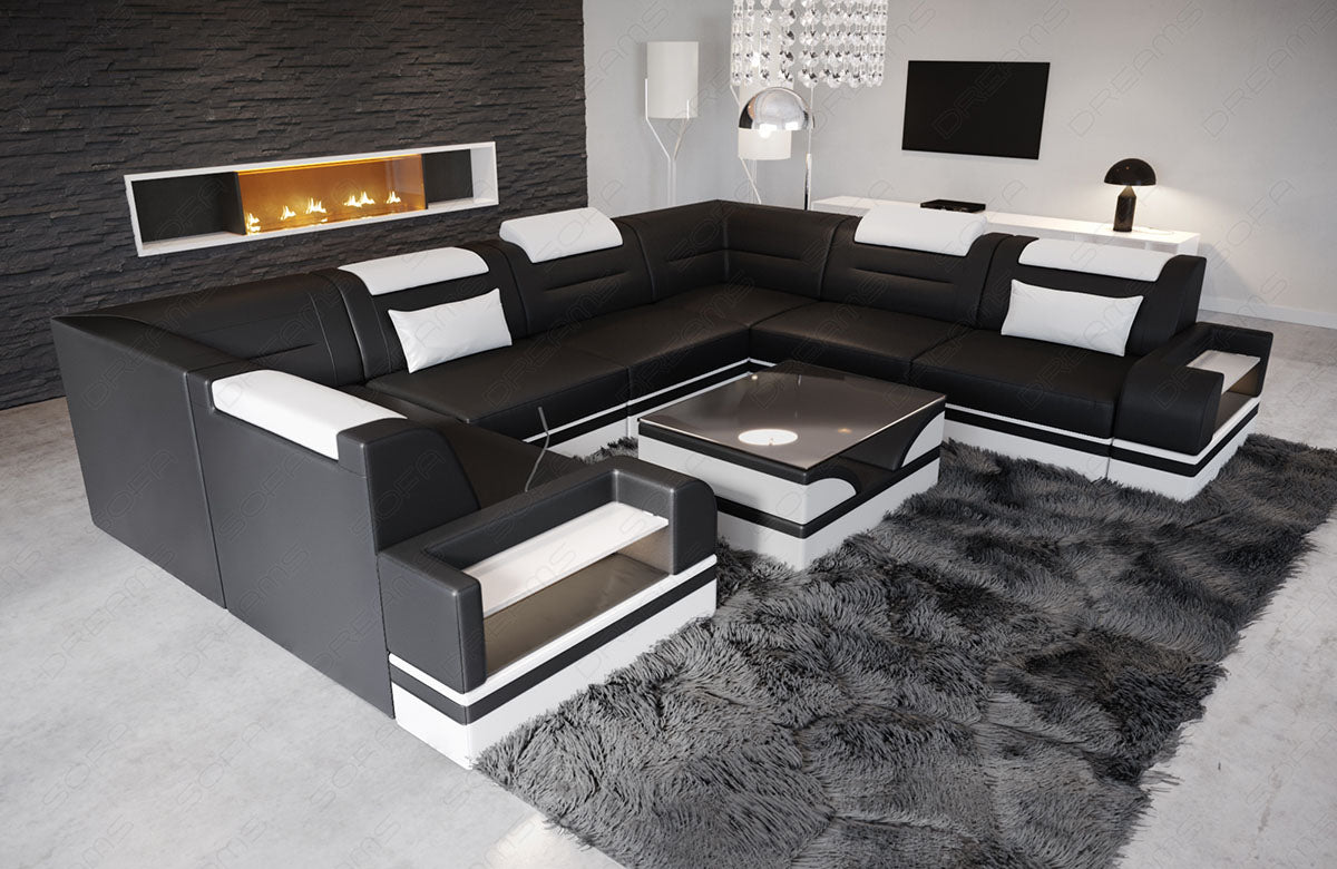 Luxus Couch Trivento U Form - Leder Wohnlandschaft in schwarz-weiß