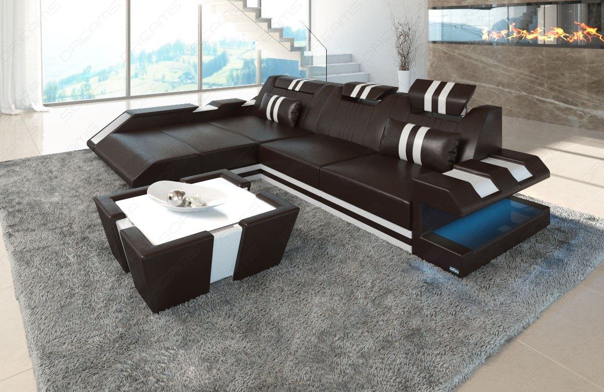 Leder Eck Sofa Apollonia L Form in dunkelbraun-weiß