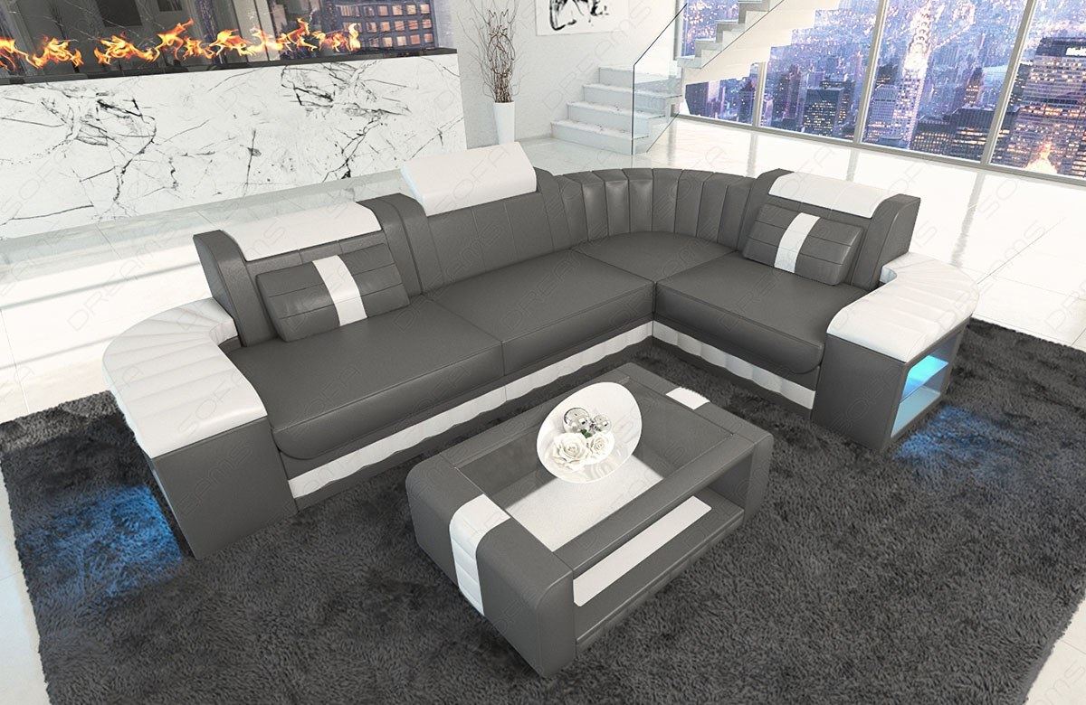 Designersofa Bergamo L Form LED in grau-weiss