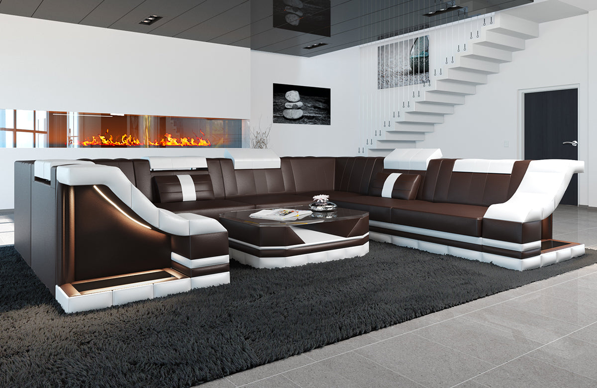 Moderne Leder Wohnlandschaft Bianchi U Form mit LED-Beleuchtung in dunkelbraun-weiss