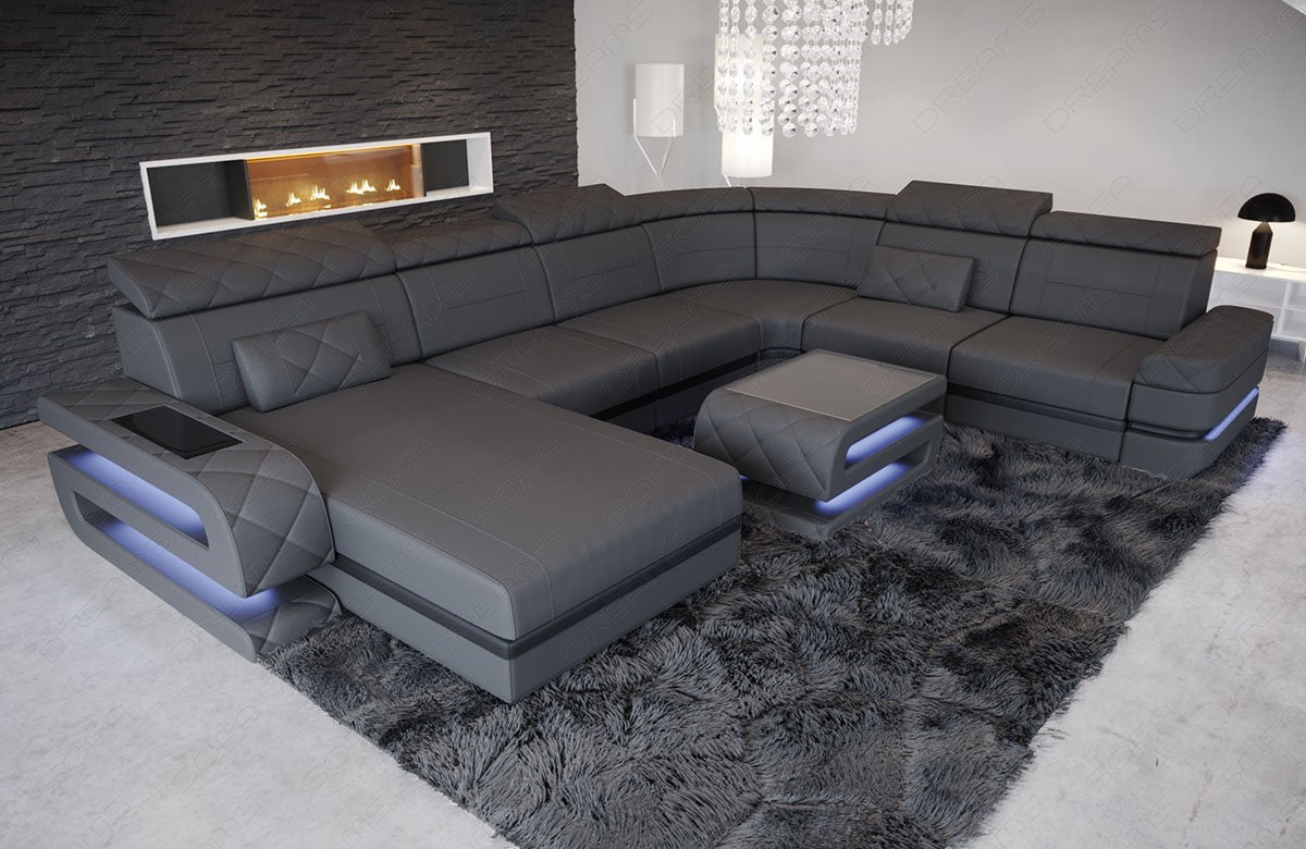 XXL Leder Wohnlandschaft Bologna mit LED Beleuchtung in grau-schwarz - Couchtisch optional erhältlich