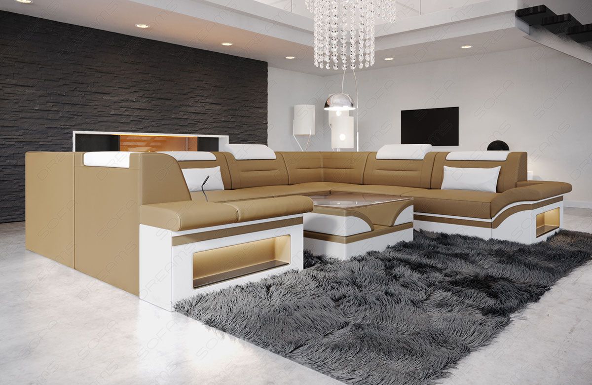 Leder Wohnlandschaft Brianza U Form in sandbeige-weiss