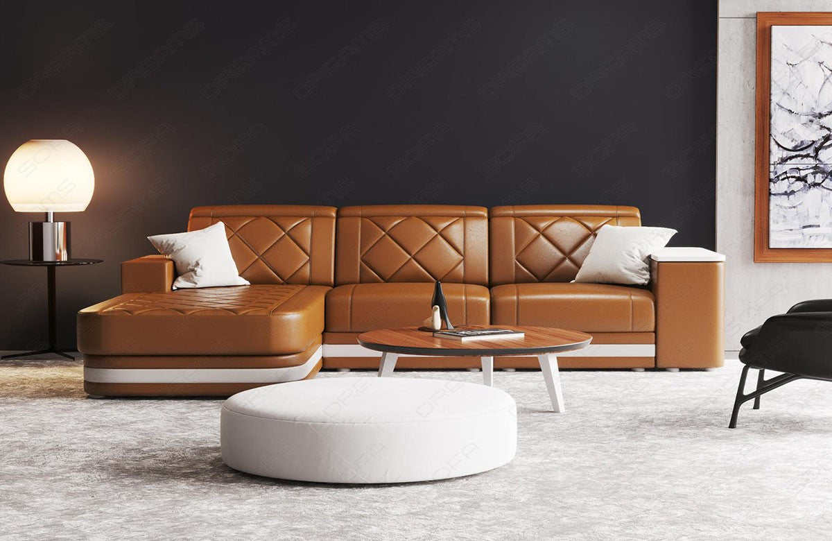 Leder Ecksofa Cesena L Form in dunkelbraun-weiß