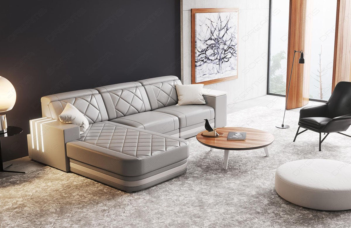 Leder Ecksofa Cesena L Form in grau-weiß