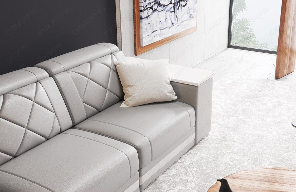 Detailansicht des Leder Ecksofa Cesena L Form in grau-weiß