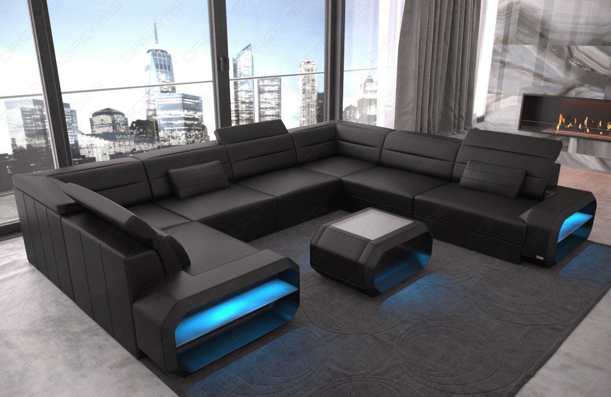 Leder Sofa mit verstellbaren Kopfstützen in schwarz