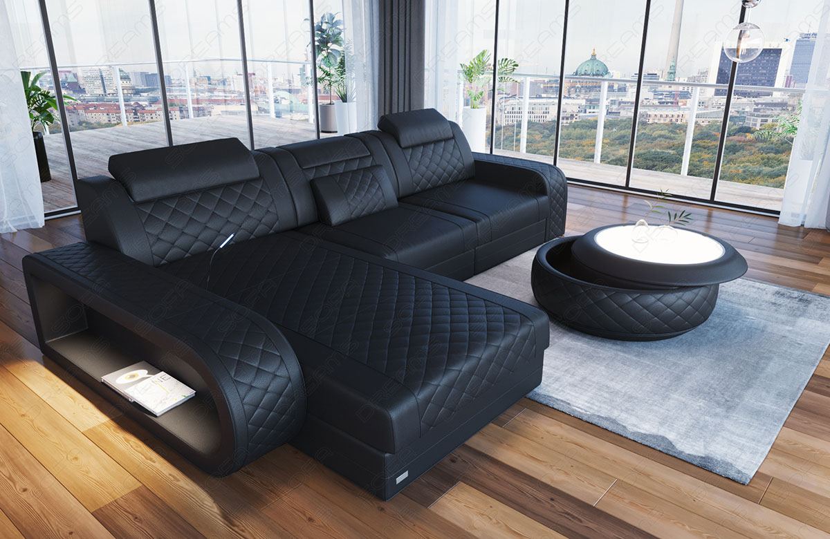 Ledersofa Chesterfield Berlin L Form mit Ottomane schwarz