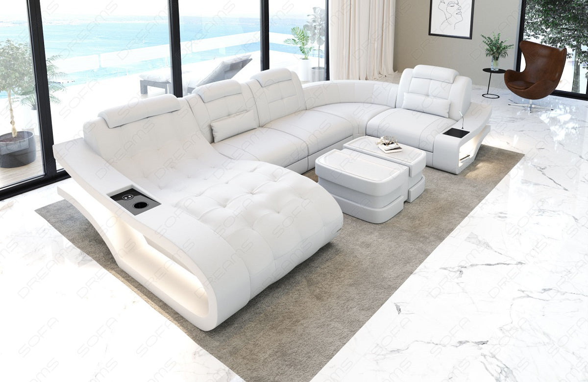 Mini Ledersofa Elegante U Form mit LED und USB komplett in weiss