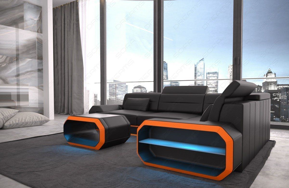 Designersofa Leder Verona LED Beleuchtung - schwarz-orange