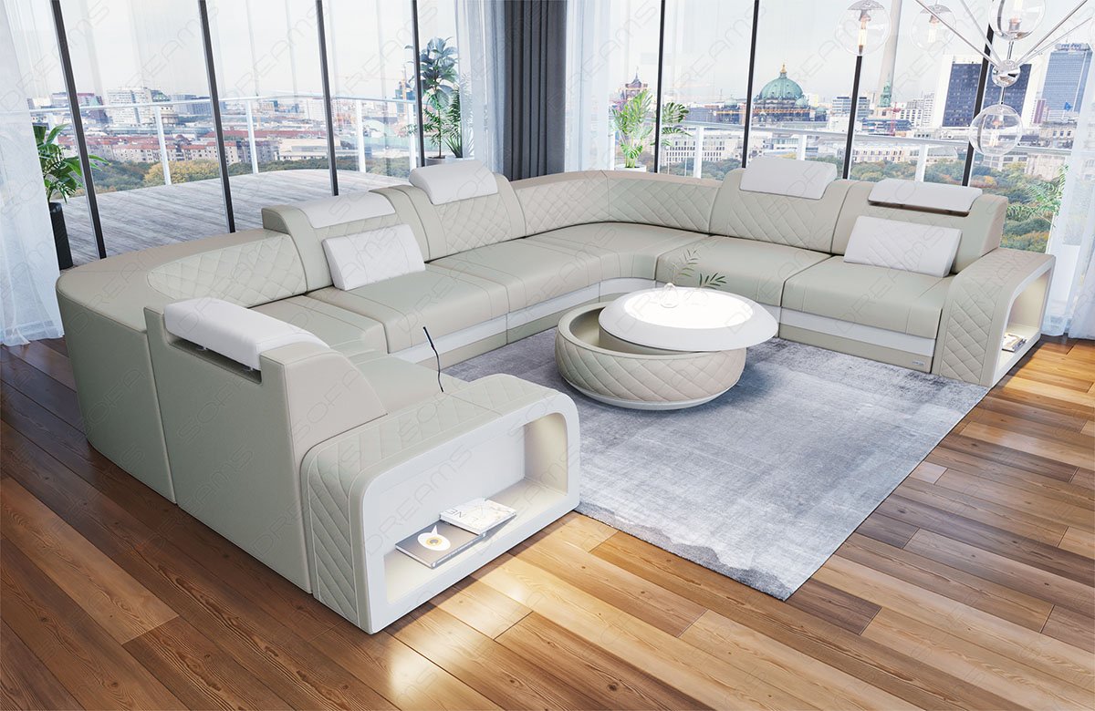 Leder Wohnlandschaft Foggia in beige - weiss