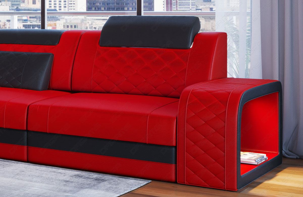 Ledersofa Chesterfield Berlin L Form mit Ottomane rot - schwarz