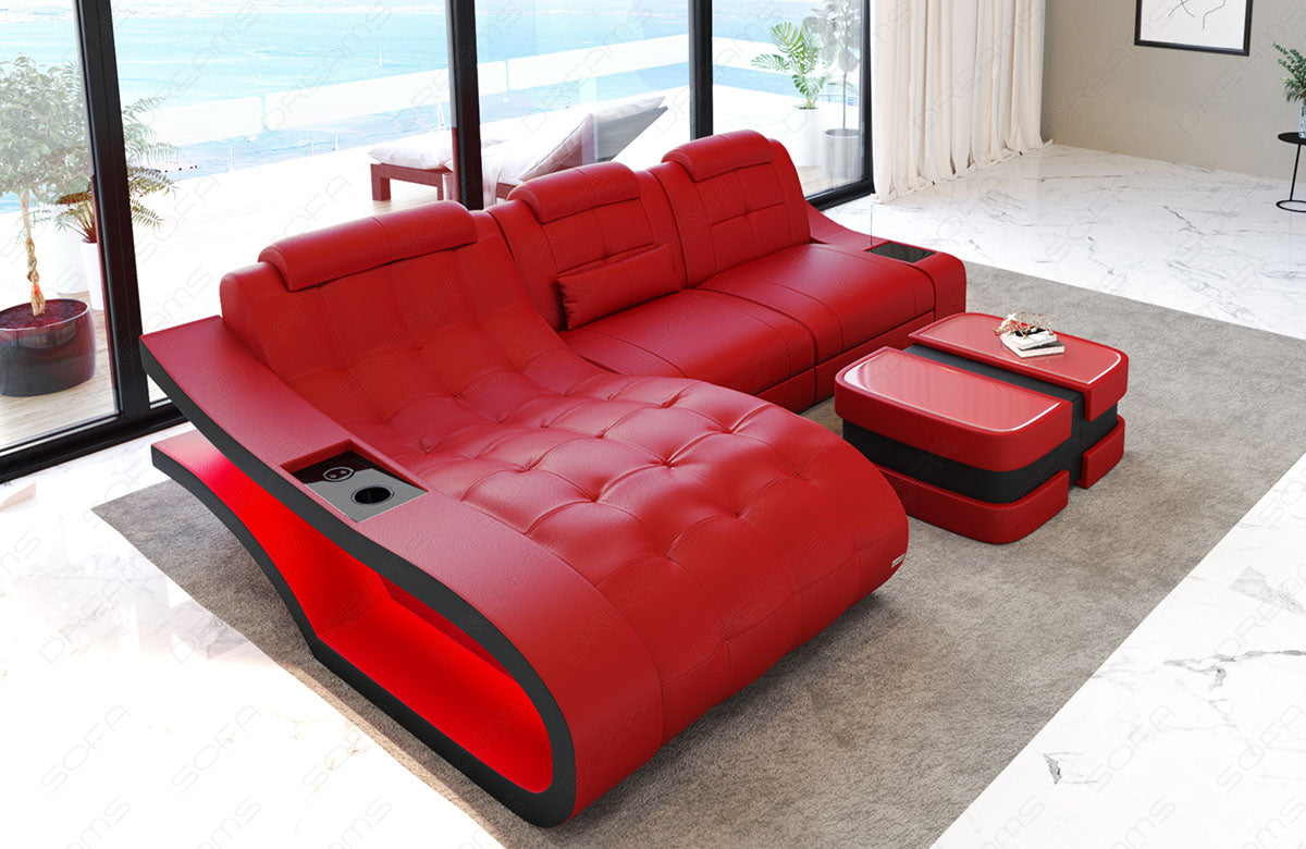Leder Ecksofa Elegante L Form mit LED Beleuchtung in rot-schwarz
