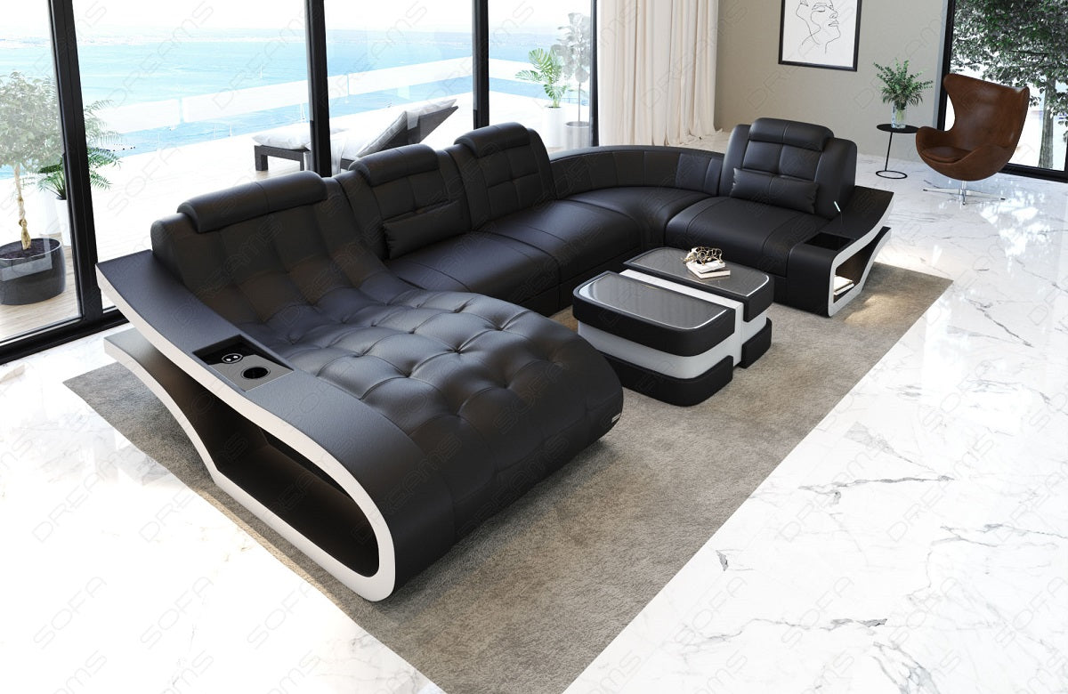 Mini Ledersofa Elegante U Form mit LED und USB in schwarz-weiss