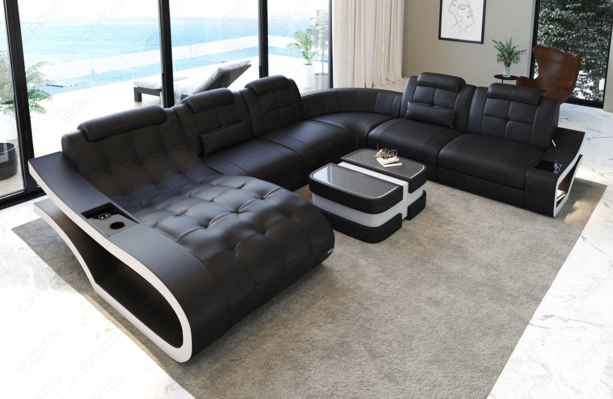 XXL Ledersofa Elegante als Mini Version mit Licht und USB in schwarz-weiss