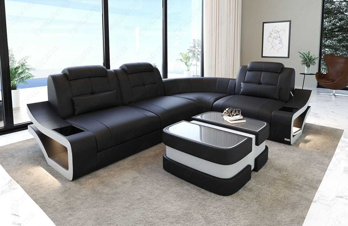 Leder Ecksofa Elena L Form in schwarz-weiß