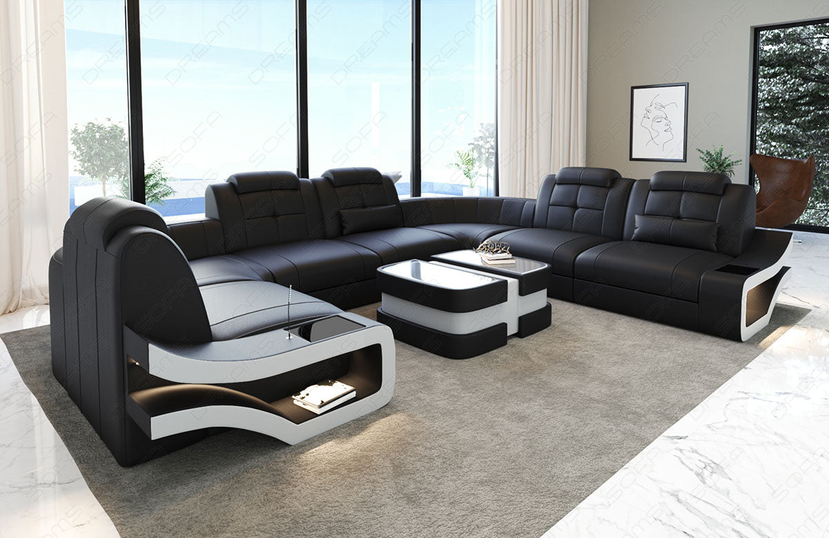Moderne Ledersofa Wohnlandschaft Elena U Form in schwarz-weiß