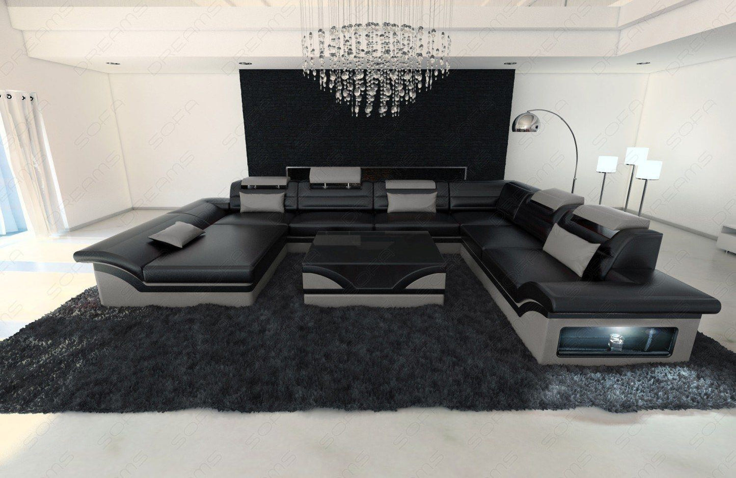 Ledercouch Enzo XXL in schwarz-grau