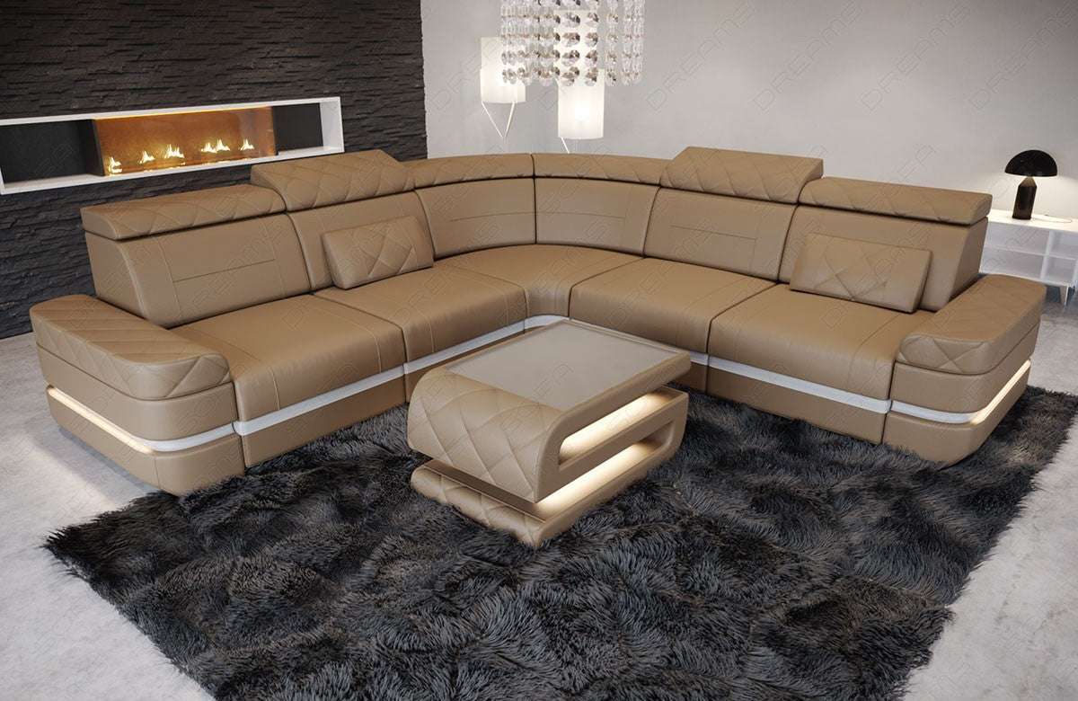 Leder Design Eckcouch Positano L Form in Sandbeige-Weiß