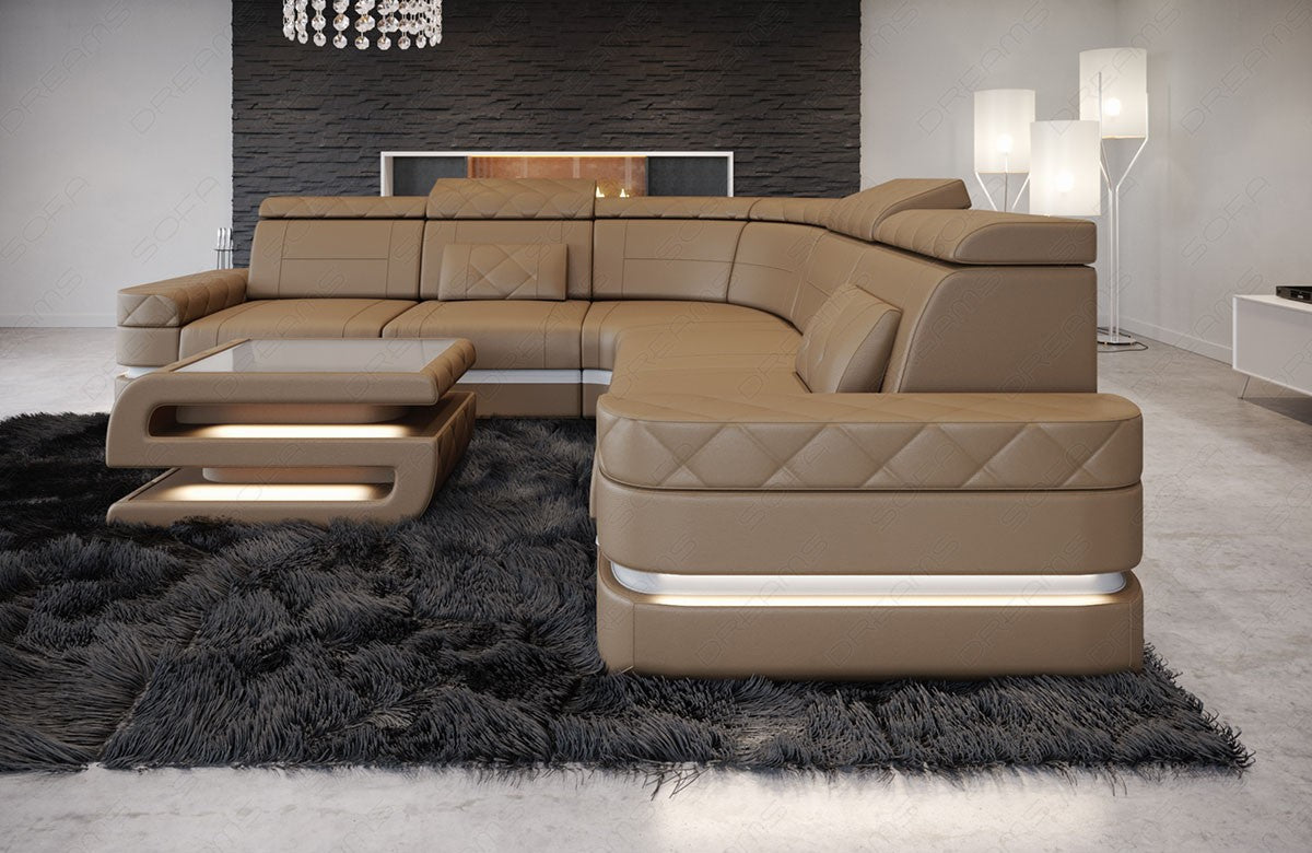 Leder Design Eckcouch Positano L Form in Sandbeige-Weiß