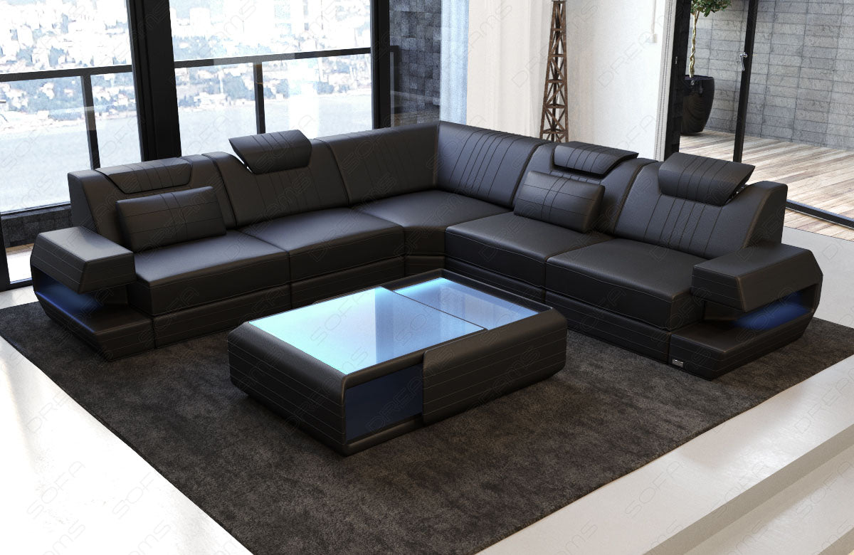 Ledercouch Ragusa L Form modern schwarz mit LED Lampen RGB