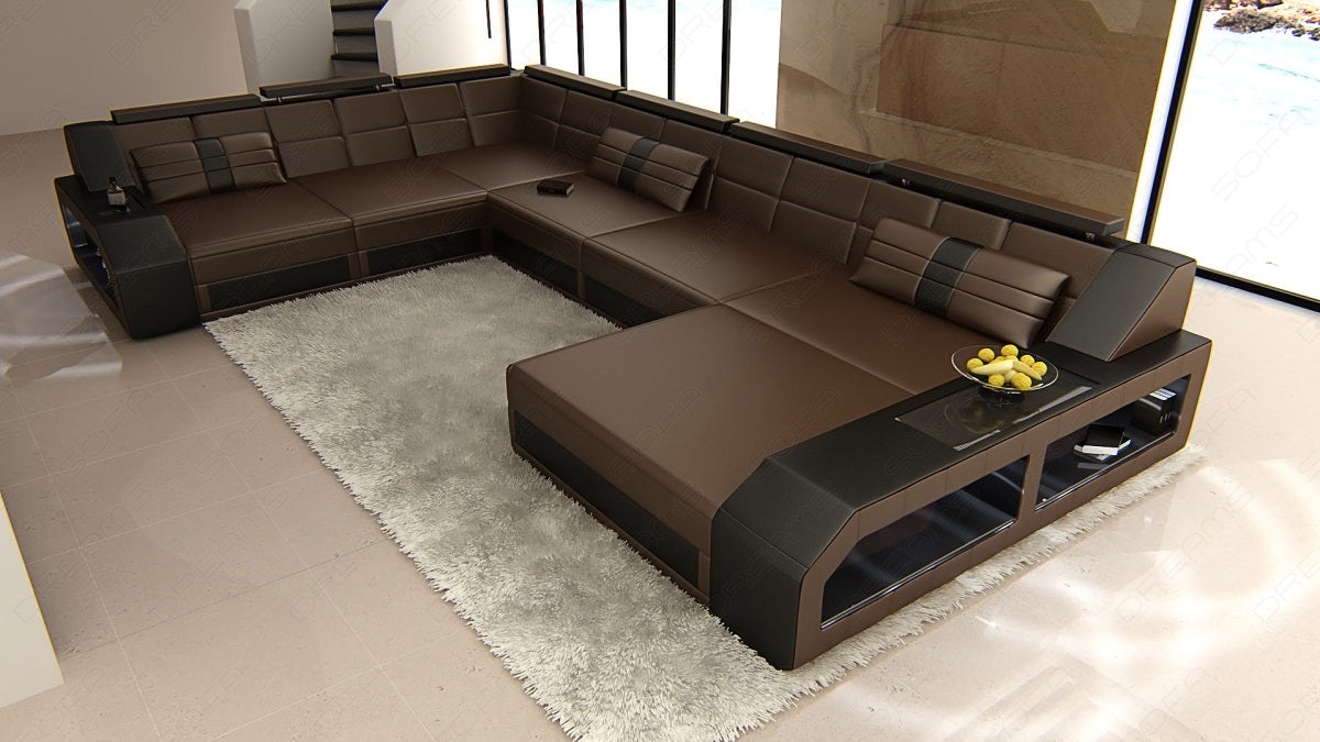 U Form XXL Ledersofa Matera Mini in dunkelbraun-schwarz