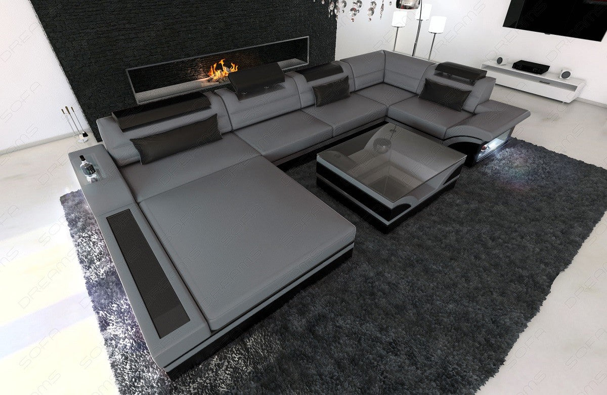 Luxus Wohnlandschaft Mezzo U Form mit LED grau-schwarz