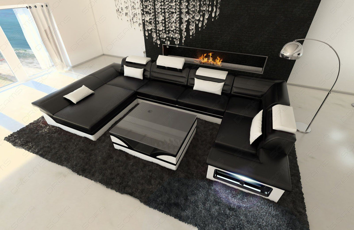 Leder Wohnlandschaft Enzo U Form Mini in schwarz-weiß