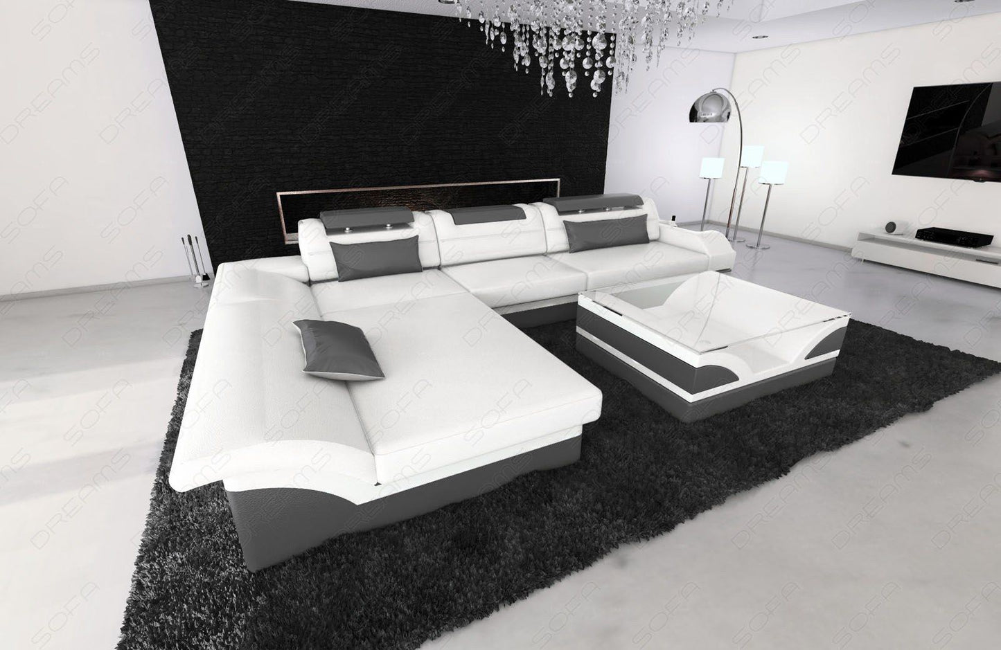 Designersofa Monza in Leder in weiss-grau