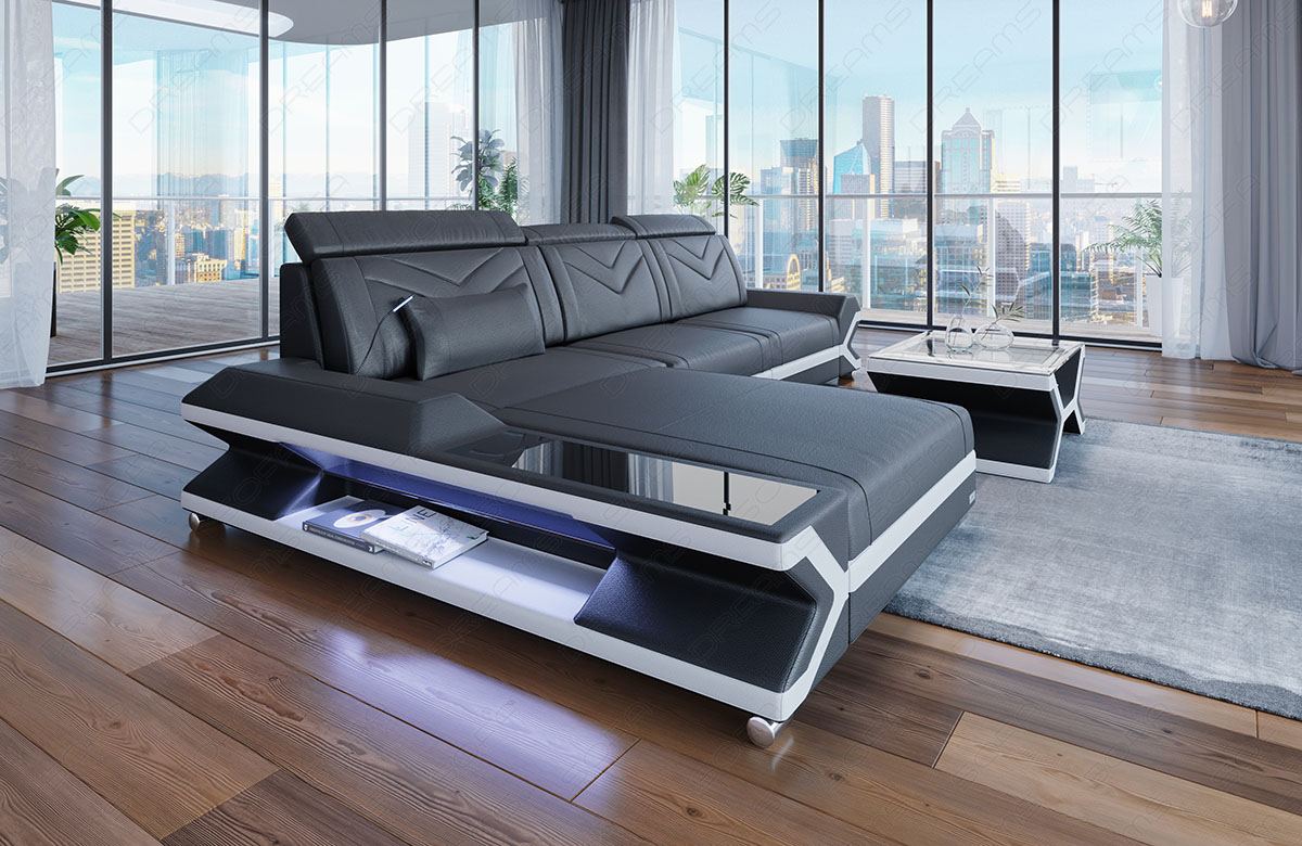 Leder Ecksofa Napoli in grau - weiss