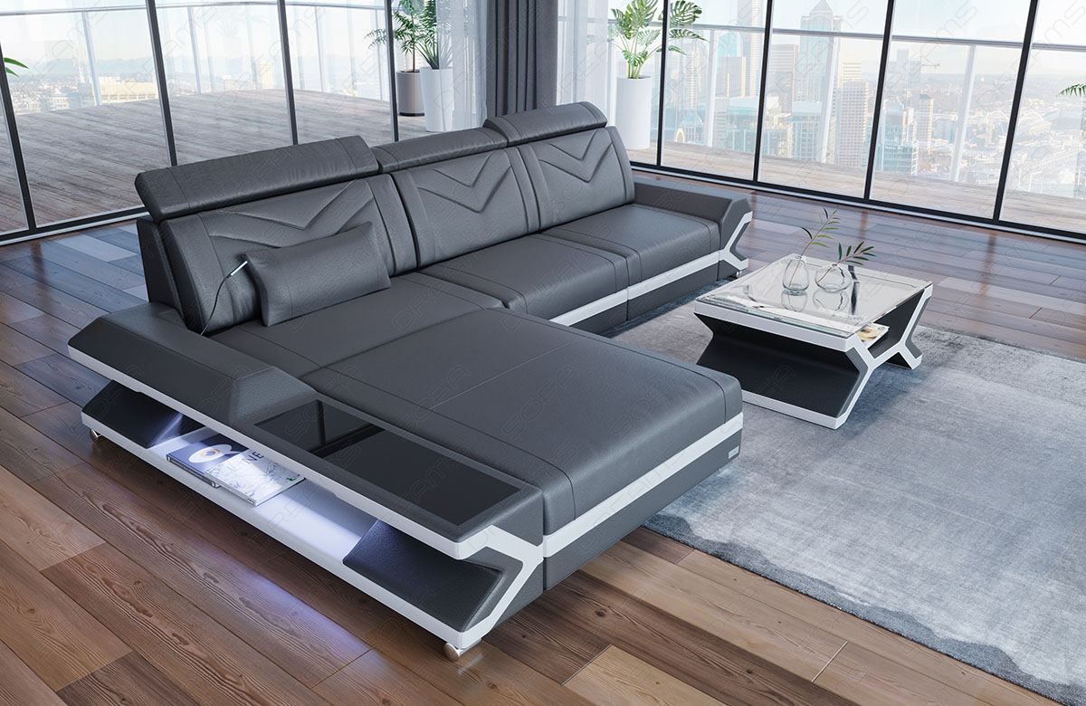 Leder Ecksofa Napoli in grau - weiss