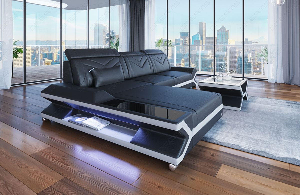 Mini L Form Ledersofa Napoli mit Licht und USB in schwarz-weiss