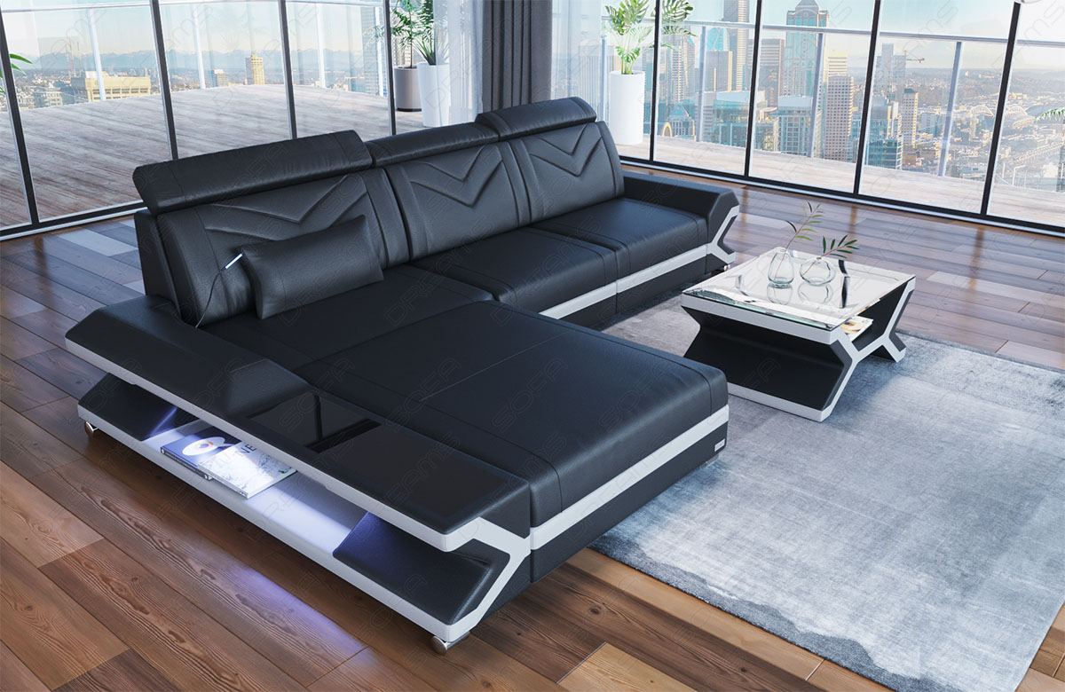 Leder Ecksofa Napoli in schwarz-weiss