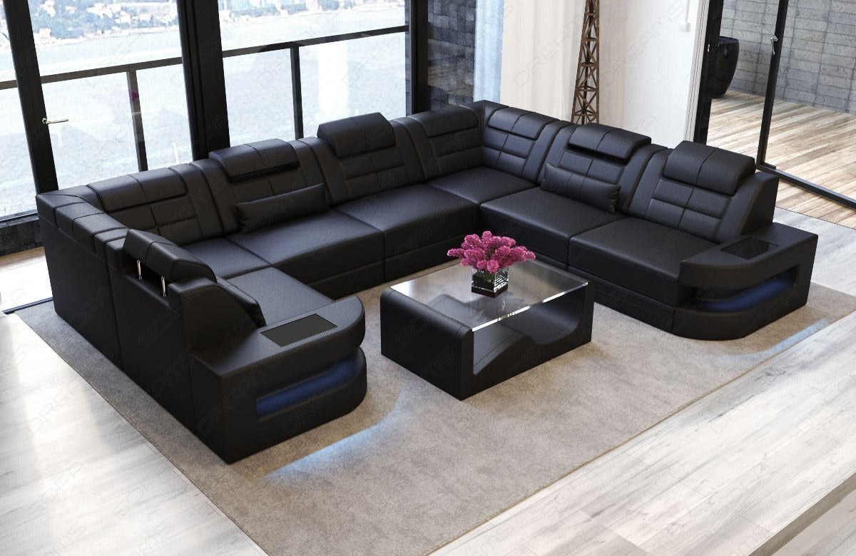 Leder Wohnlandschaft Como U Form in schwarz