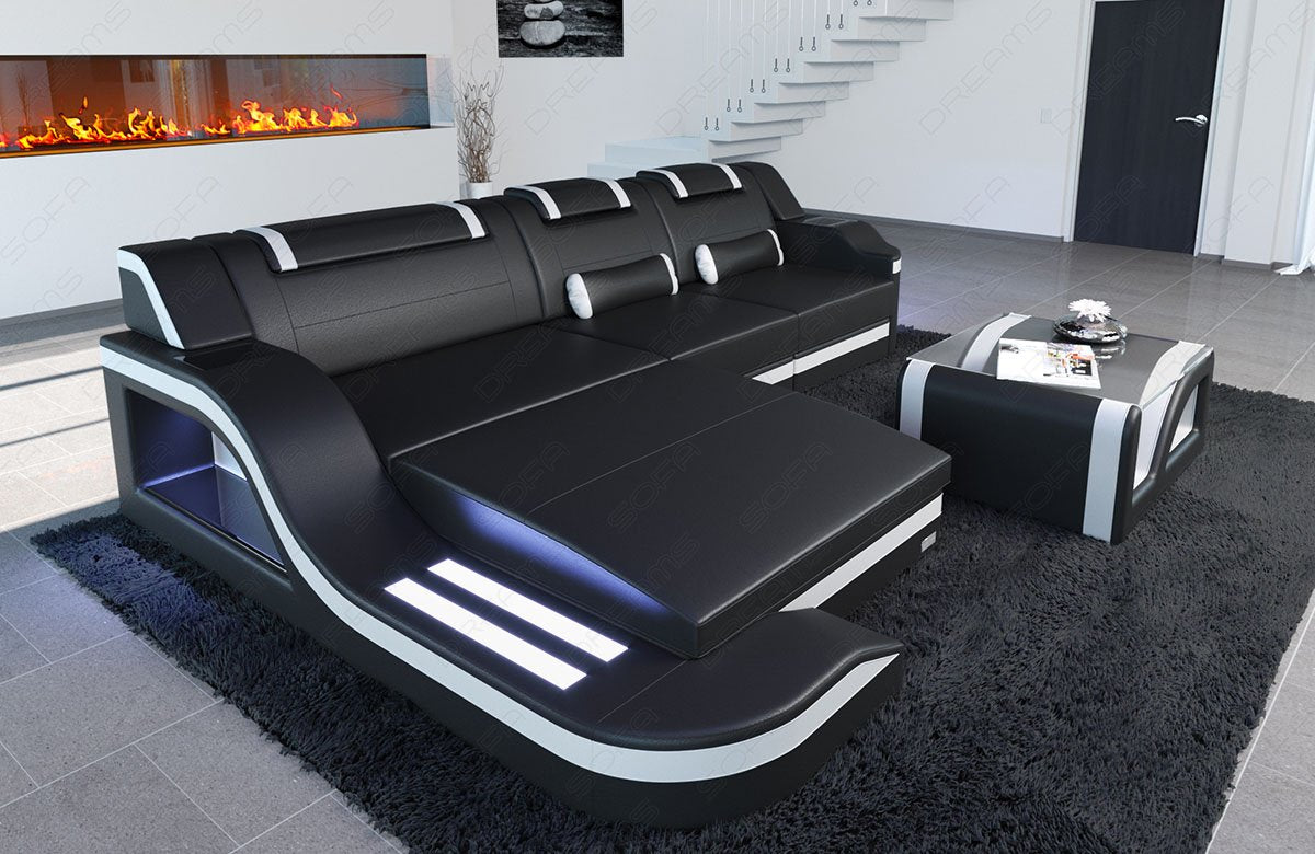 Ledersofa PALERMO L-Form mit LED Beleuchtung in den Farben schwarz-weiss