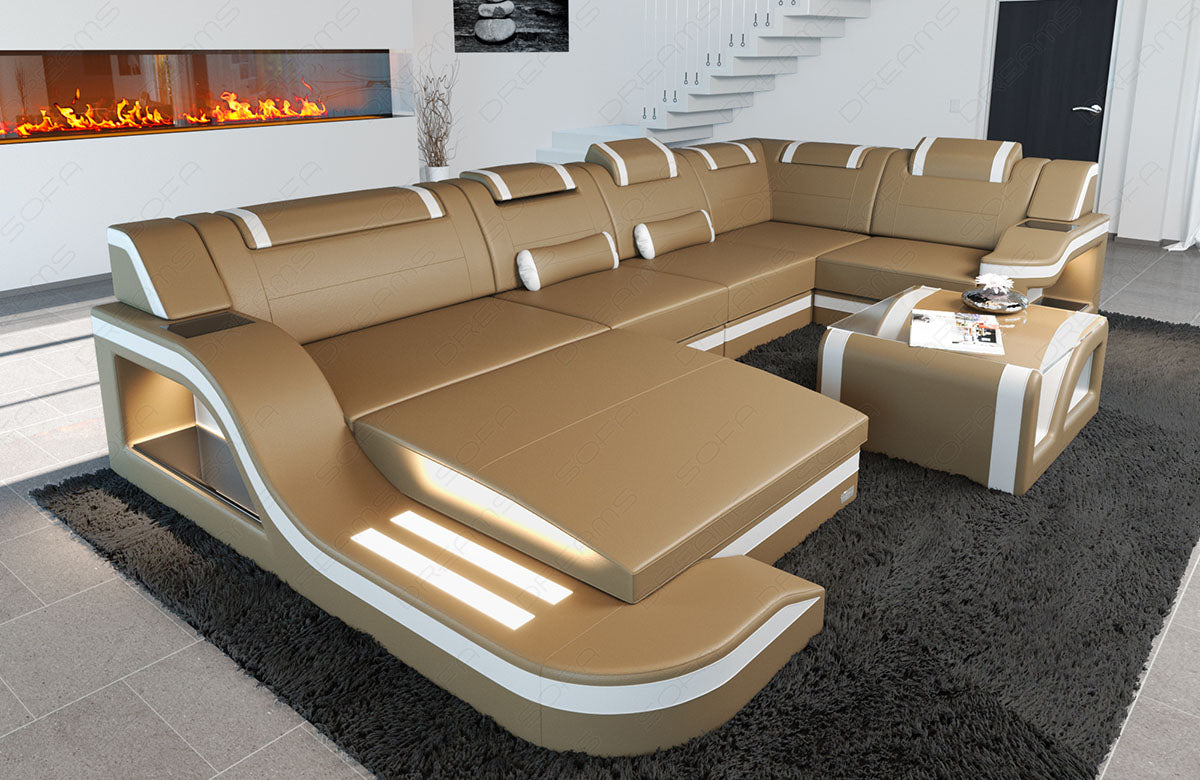 Leder Wohnlandschaft Palermo U Form Mini in sandbeige-weiß