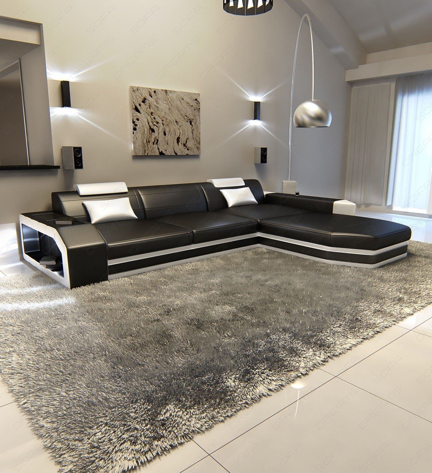 Mini Ledersofa Prato in der L Form in schwarz-weiss mit Stauraum