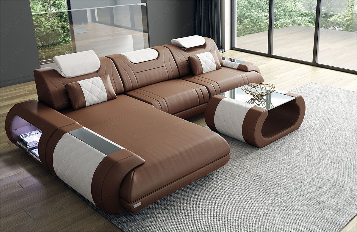 Designer Ledersofa Rimini L-Form mit Ottomane in hellbraun-weiß