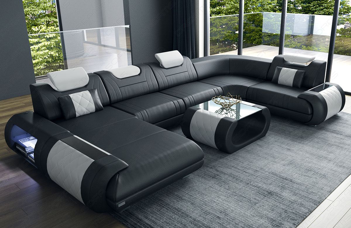 Wohnlandschaft Rimini Leder schwarz - weiß