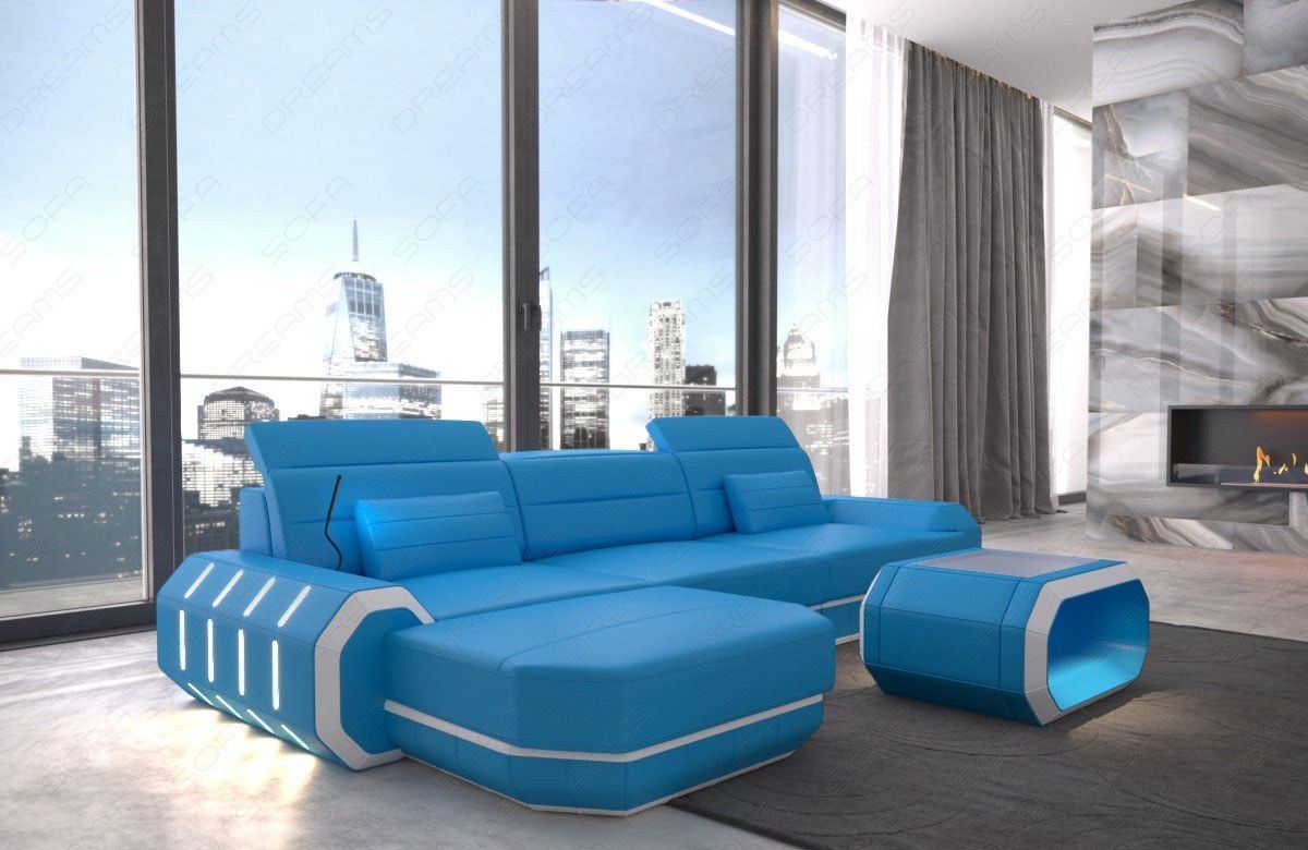L Form Ledersofa Roma Mini mit LED - blau-weiss