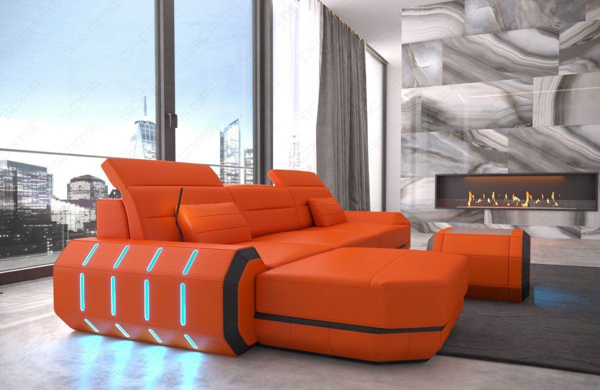 L Form Ledersofa Roma Mini mit LED - orange-schwarz