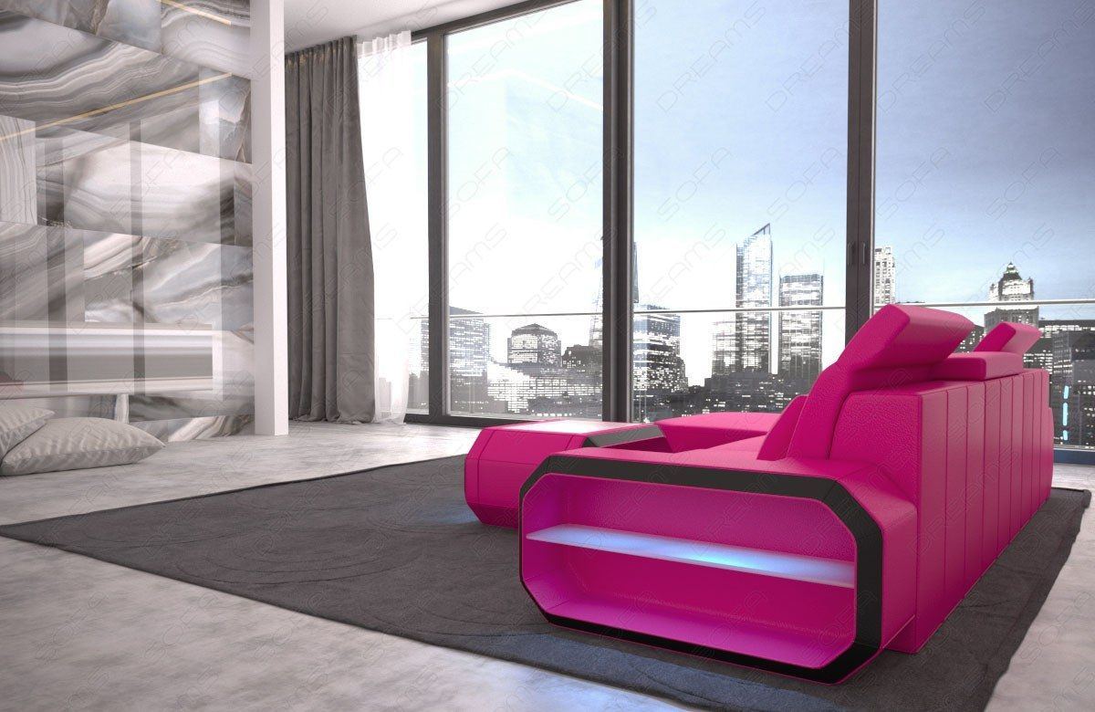 L Form Ledersofa Roma Mini mit LED - pink-schwarz