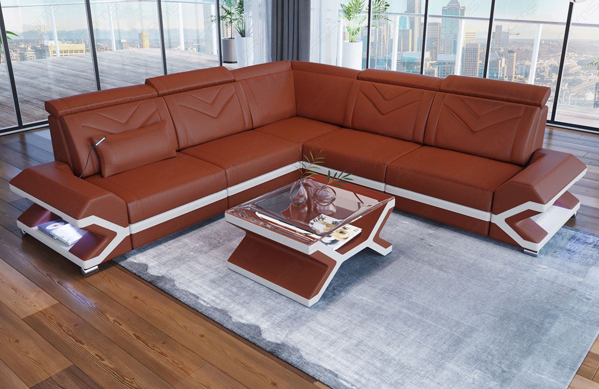 Designer Ecksofa Sorrento L Form Leder in braun-weiss