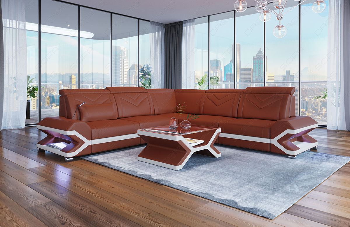 Designer Ecksofa Sorrento L Form Leder in braun-weiss
