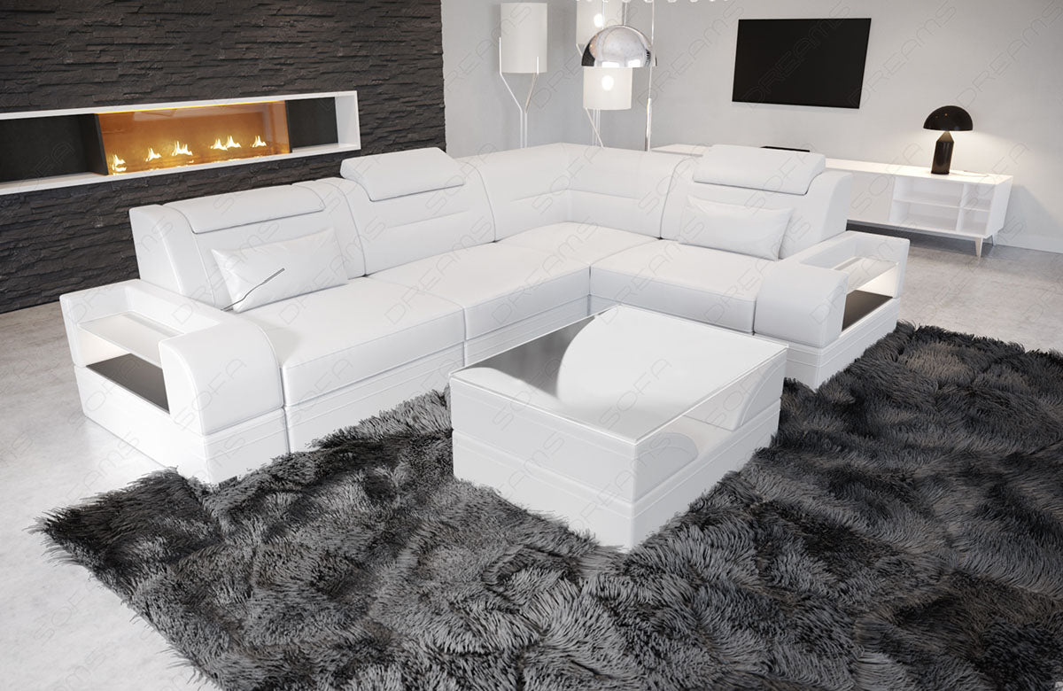 Design Leder Ecksofa Trivento L Form kurz komplett in weiß mit LED-Beleuchtung