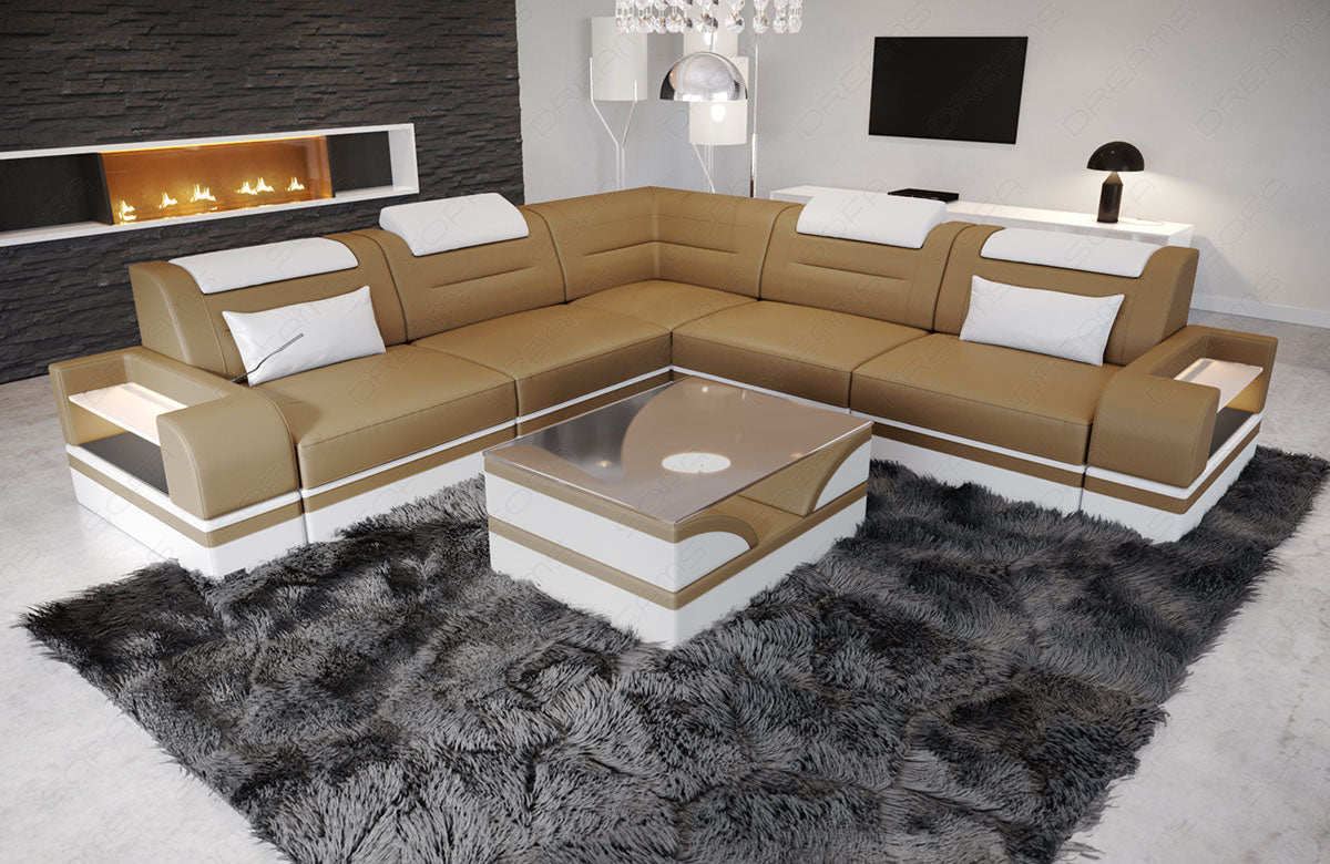 Design Leder Ecksofa Trivento L Form in sandbeige-weiß